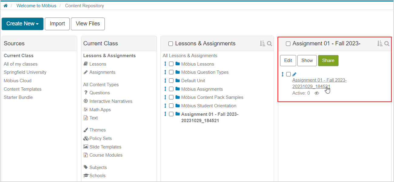 The imported assignment is listed under Lessons & Assignments, inside its own unit named "Assignment 01 - Fall 2023".